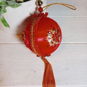 Mid Century Atomic Push  Pin Christmas Ornament Handcrafted Red Satin Gold Trim